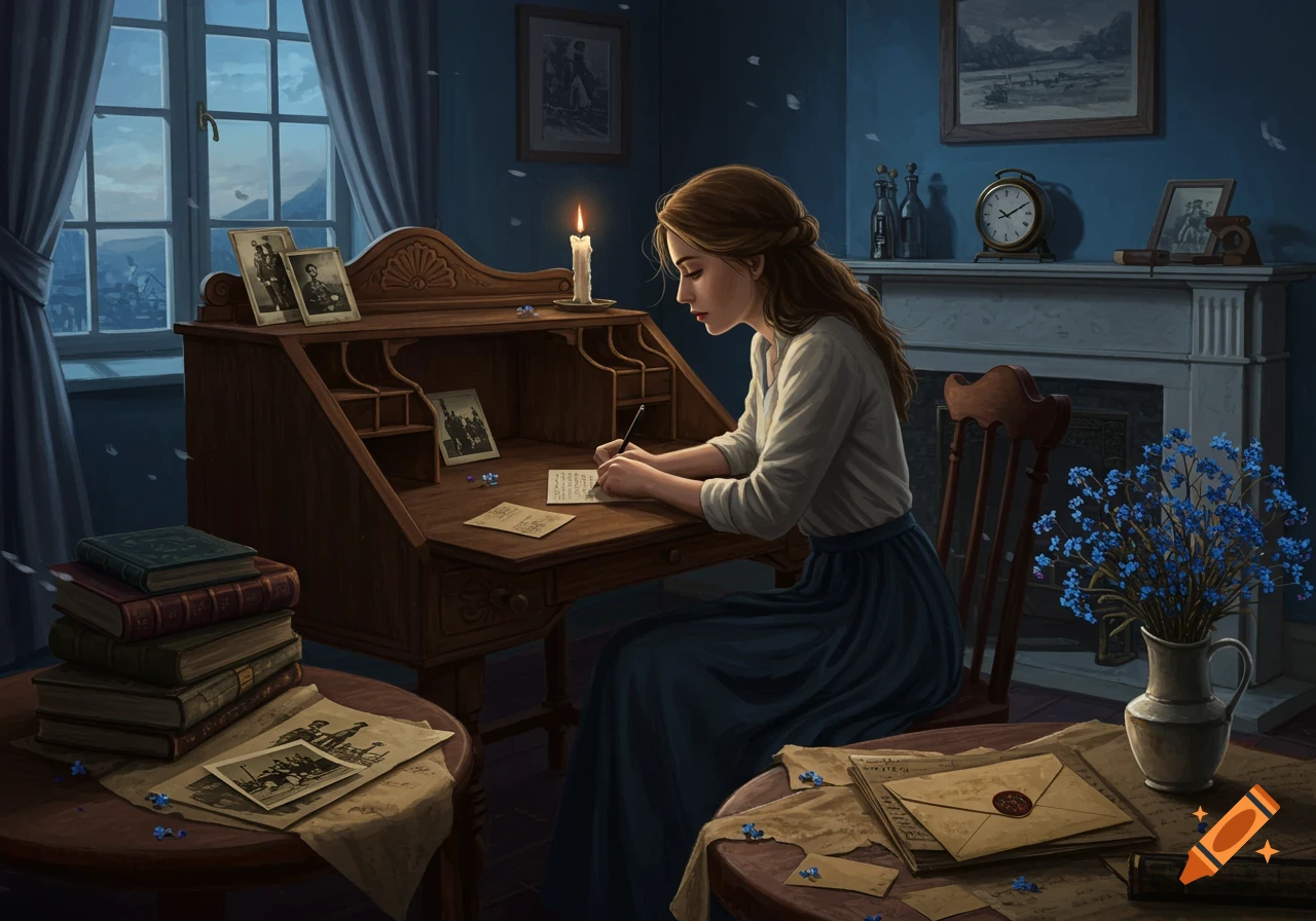 A young woman with long brown hair sits at a wooden desk by a window, writing a letter by candlelight in a dark, atmospheric room.