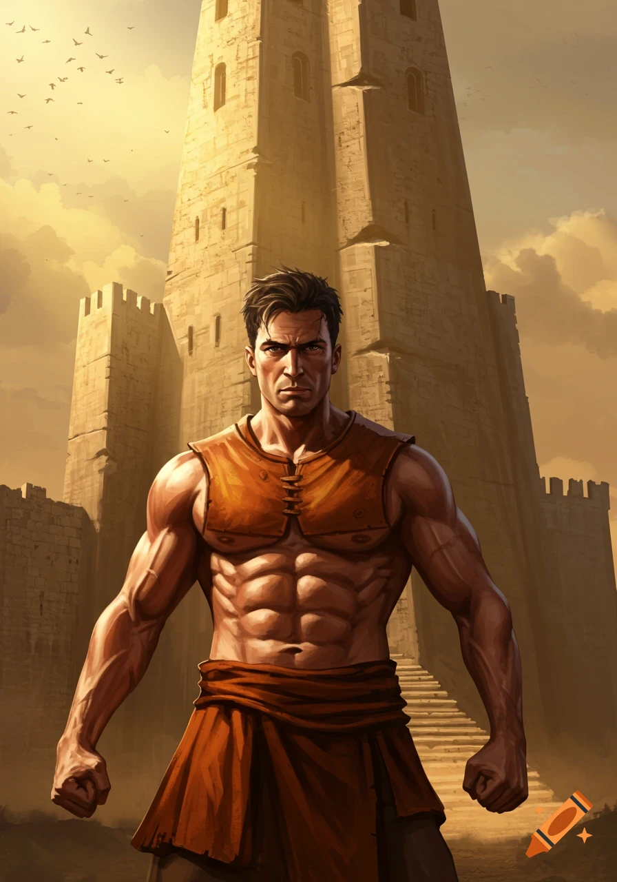 A muscular warrior in a leather tunic stands before a towering stone castle under a dramatic sky.