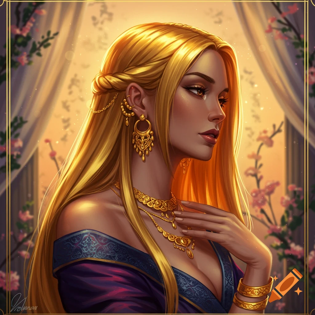 Artistic portrait of a woman with long golden hair, adorned with intricate gold jewelry, wearing a purple dress, set against a warm, glowing background.