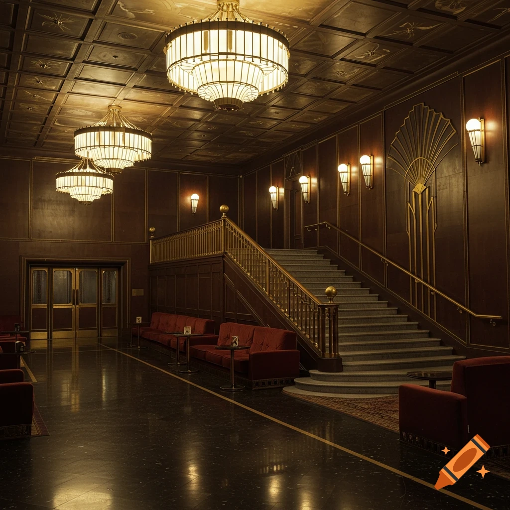 An elegant Art Deco hotel or cinema lobby with a grand staircase, red velvet sofas, polished floors, and ornate chandeliers.
