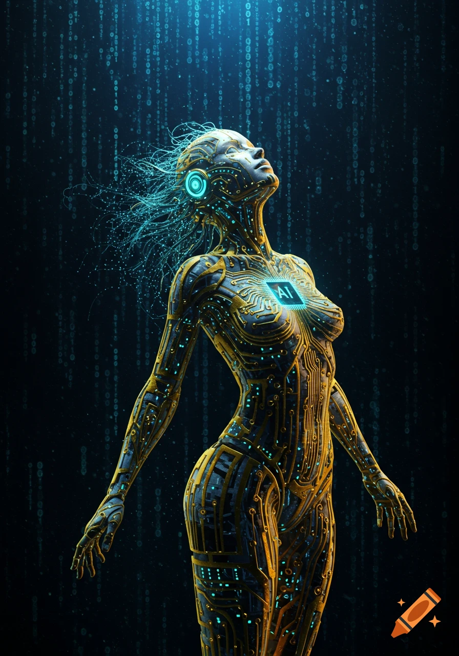 A golden and blue cyborg woman with circuit patterns and glowing elements looks up at digital rain, with 'AI' on her chest.