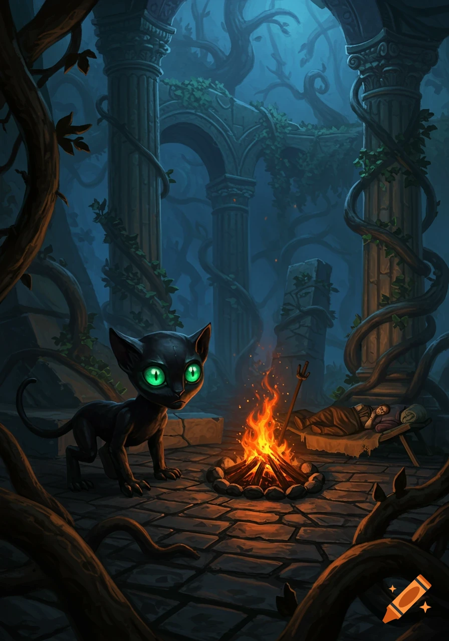 A mythical black creature with glowing green eyes watches a sleeping traveler by a campfire in dark, overgrown ancient ruins.