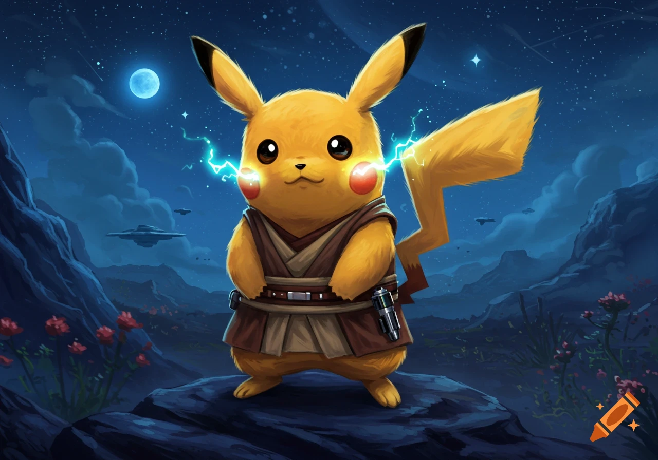 Pikachu in Jedi robes, with a lightsaber hilt, stands on a rock under a full moon, with spaceships in a fantasy landscape.