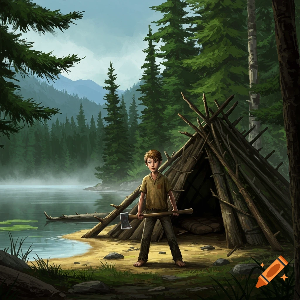 An illustration of a young boy holding an axe, standing by a lake next to a stick shelter in a dense forest.