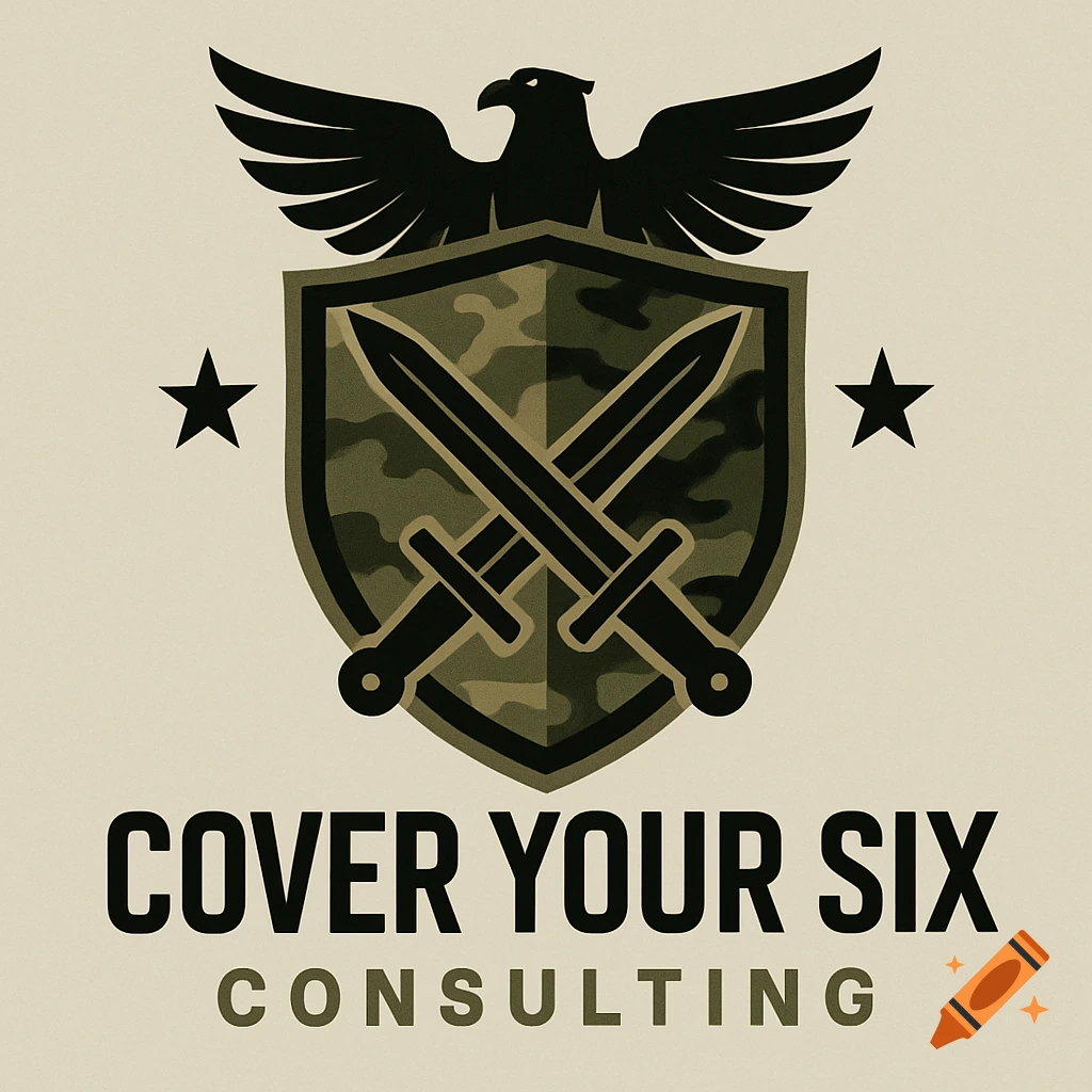 Military-themed business logo with an eagle, shield with camouflage, crossed swords, stars, and the text 'COVER YOUR SIX CONSULTING'.