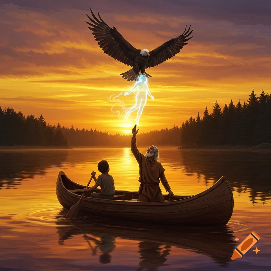 An old man and a boy in a canoe on a lake at sunset, an eagle flying overhead with a glowing spirit figure rising from the man's hand.