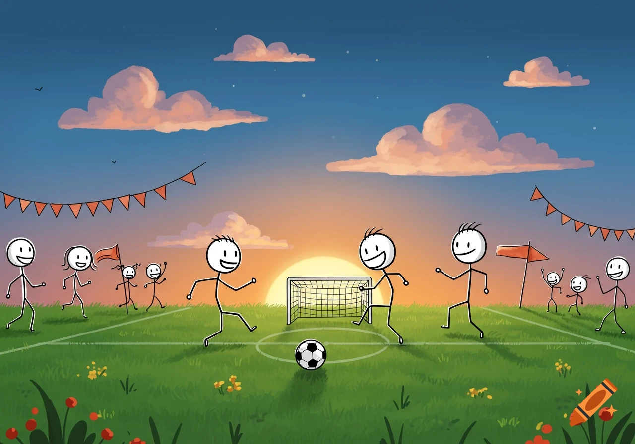 Cartoon stick figures play soccer on a grassy field at sunset with clouds and banners.