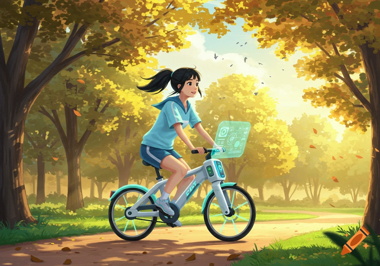 An anime-style illustration of a young woman riding a futuristic bicycle with a holographic screen through a sunny park with autumn leaves.