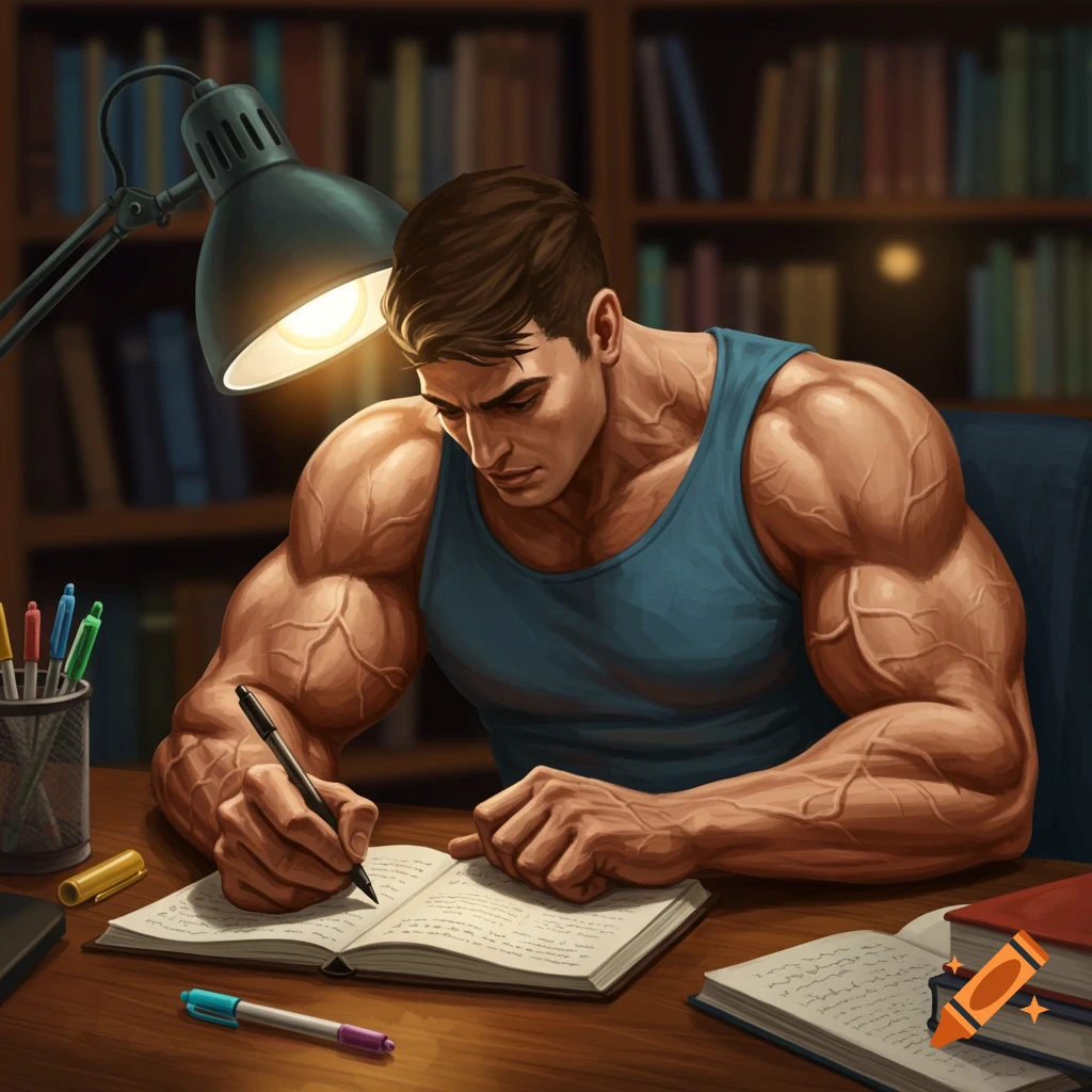Muscular man in a blue tank top studies at a wooden desk, writing in an open notebook under the light of a desk lamp, with bookshelves in the background.