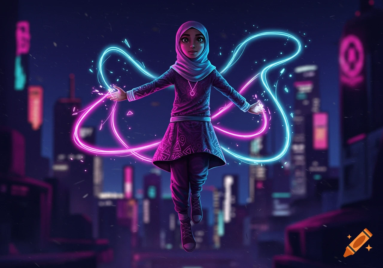 Young girl in hijab with neon pink and blue glowing energy, floating in a futuristic city at night. Illustration.
