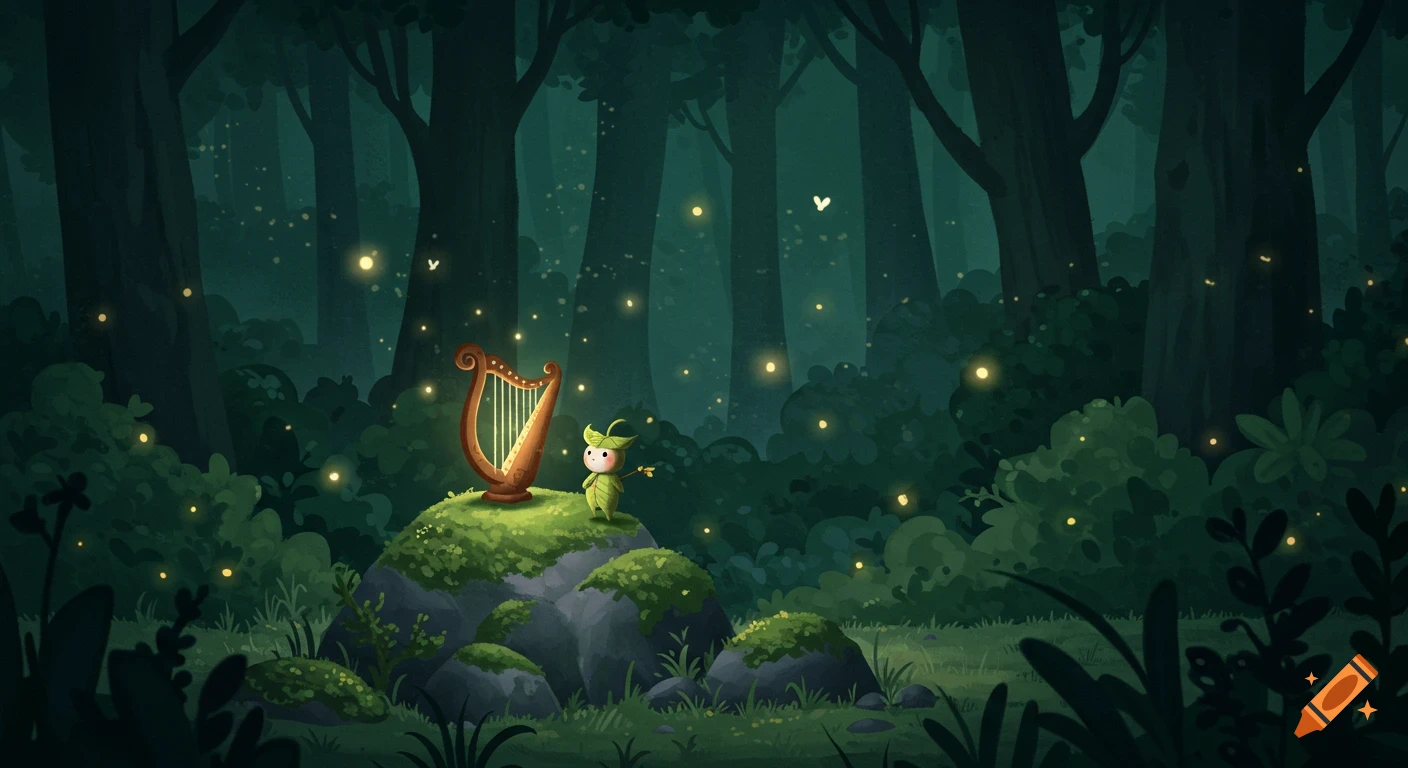 A tiny leaf creature stands by a glowing harp on a mossy rock in a magical dark forest with fireflies, children's book illustration.