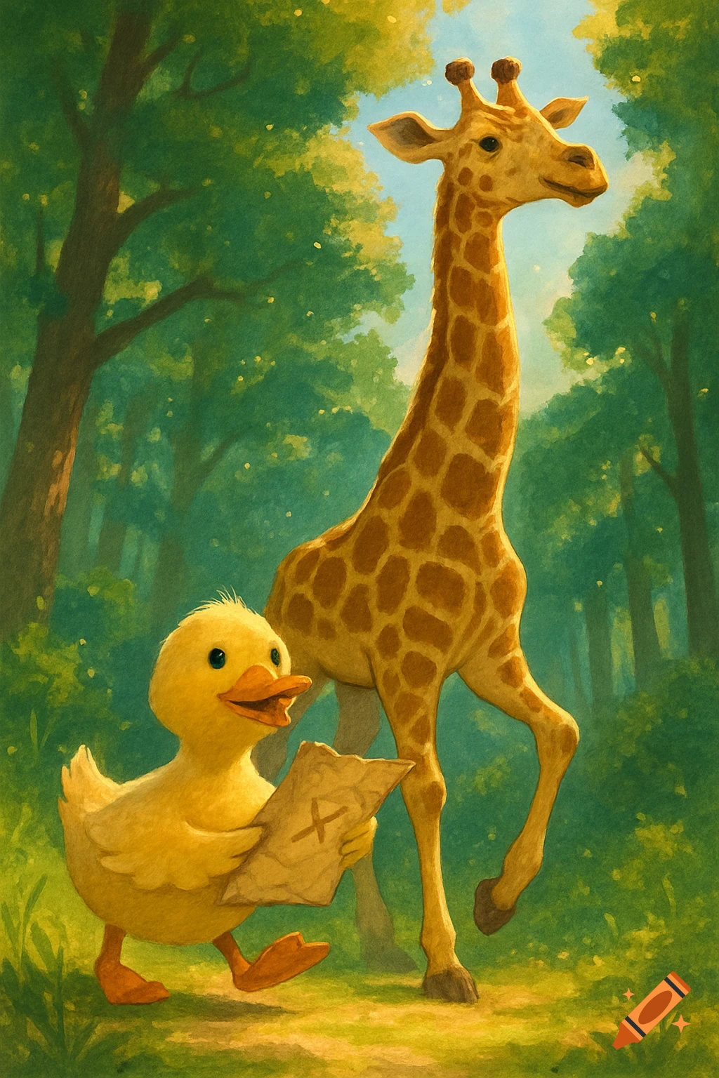 A cartoon yellow duck holding a treasure map with an X walks beside a giraffe in a lush green forest, in a painted style.