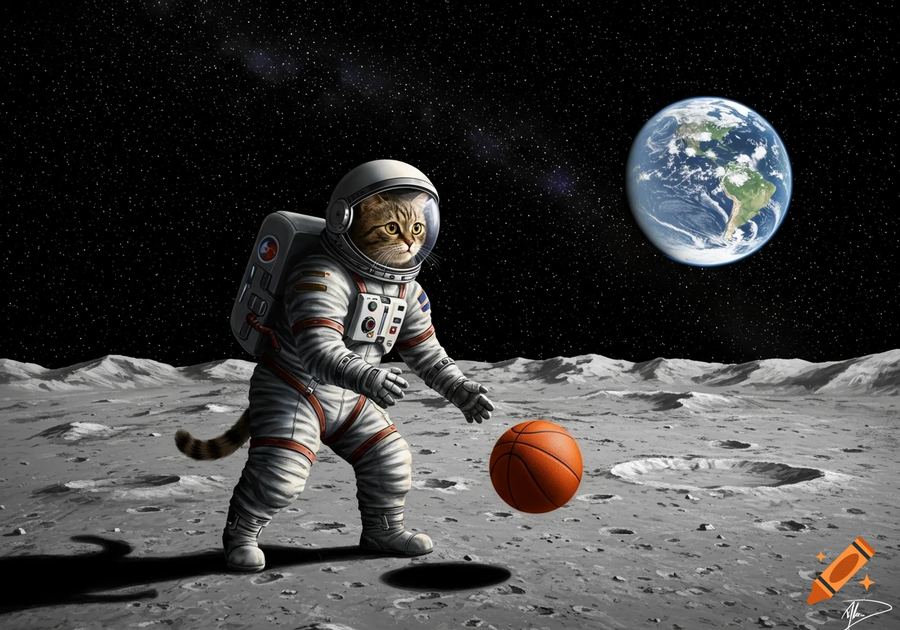 A tabby cat in an astronaut suit bouncing a basketball on the moon, with Earth in the starry background.