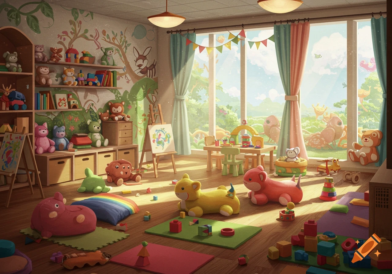 A bright, cheerful children's playroom filled with colorful stuffed animals, toys, books, and art easels under a sunny window.