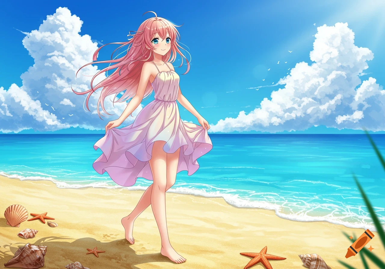 A smiling anime girl with pink hair and a white dress walks barefoot on a sunny beach with the blue ocean and white clouds in the background.