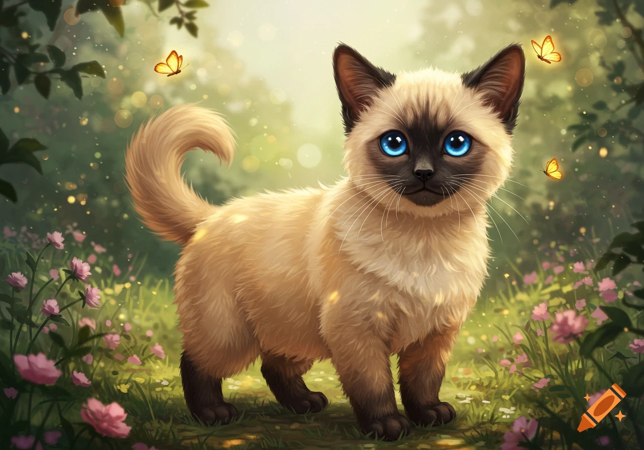 A cute, stylized Siamese kitten with bright blue eyes stands in a magical forest with pink flowers and glowing butterflies.