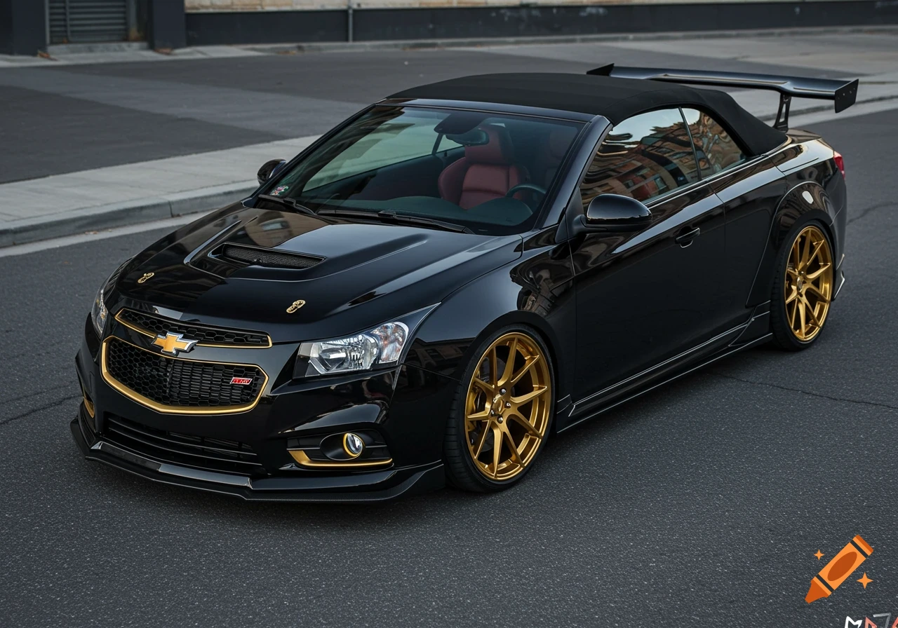 A black 2016 Chevrolet Cruze Limited convertible with dark tinted windows, shiny gold wheels, a body kit, and a large rear spoiler, parked on asphalt.