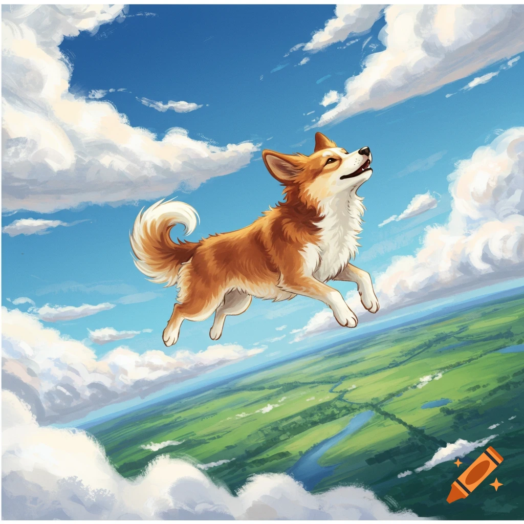An adorable fluffy brown and white dog flies through a blue sky filled with white clouds above a green landscape in an illustrative style.