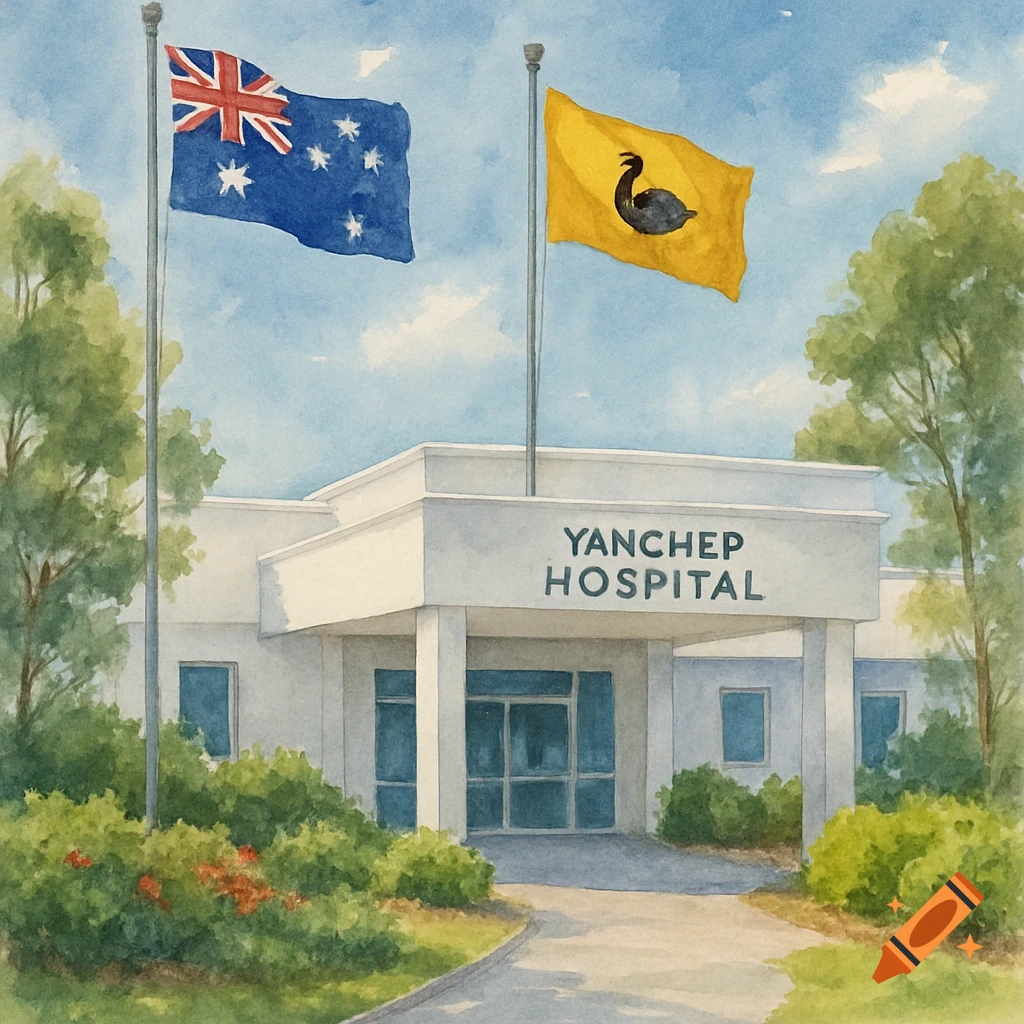 Watercolor painting of Yanchep Hospital with the Australian flag and Western Australian flag flying overhead, surrounded by bushes.