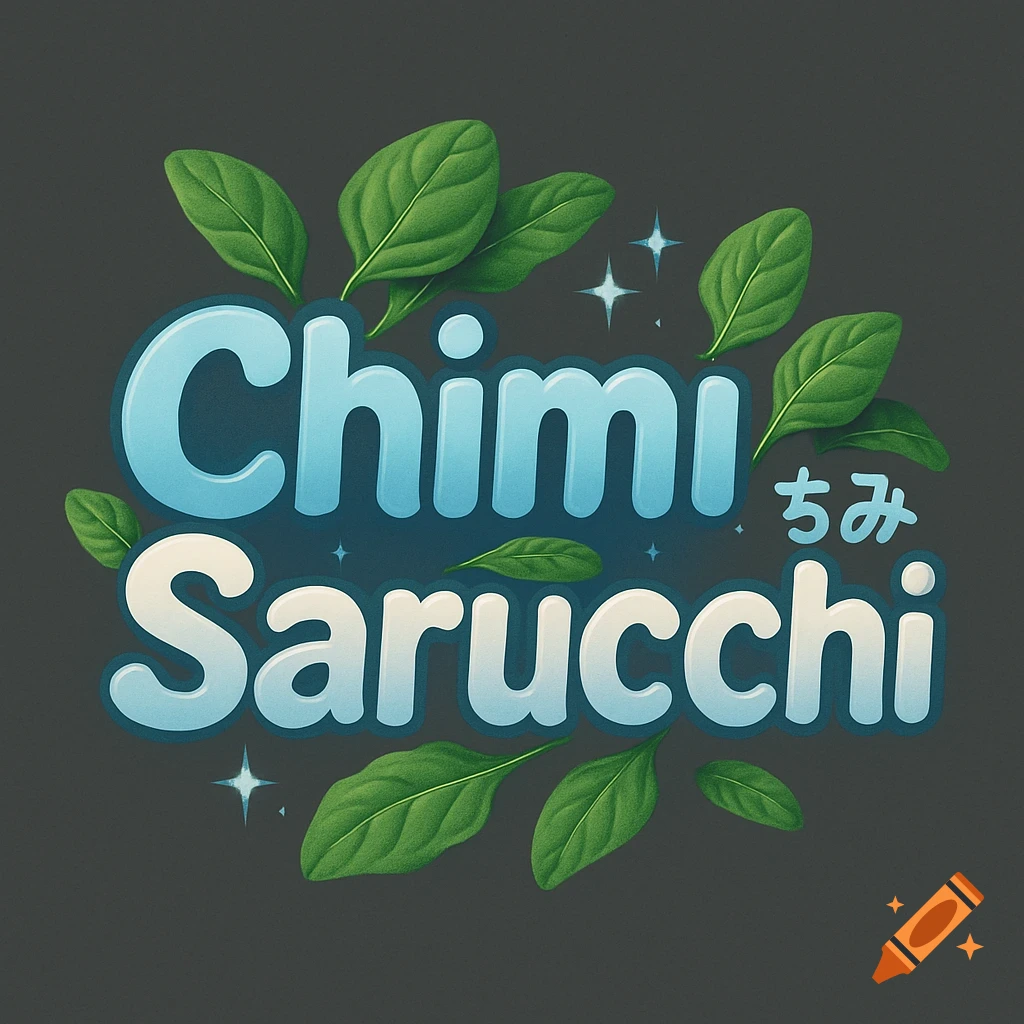 Logo graphic with 'Chimi Sarucchi' in blue and white bubble font, with Japanese characters, sparkles, and green spinach leaves on a dark background.