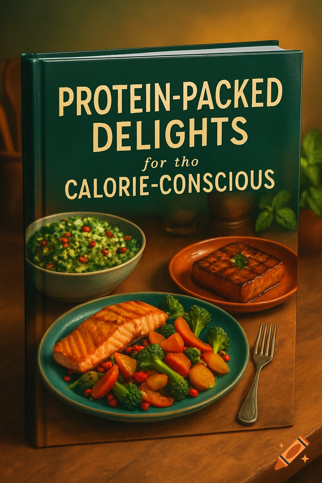 A green cookbook with 'PROTEIN-PACKED DELIGHTS for tho CALORIE-CONSCIOUS' text, on a wooden table with plates of grilled salmon, vegetables, and a salad.
