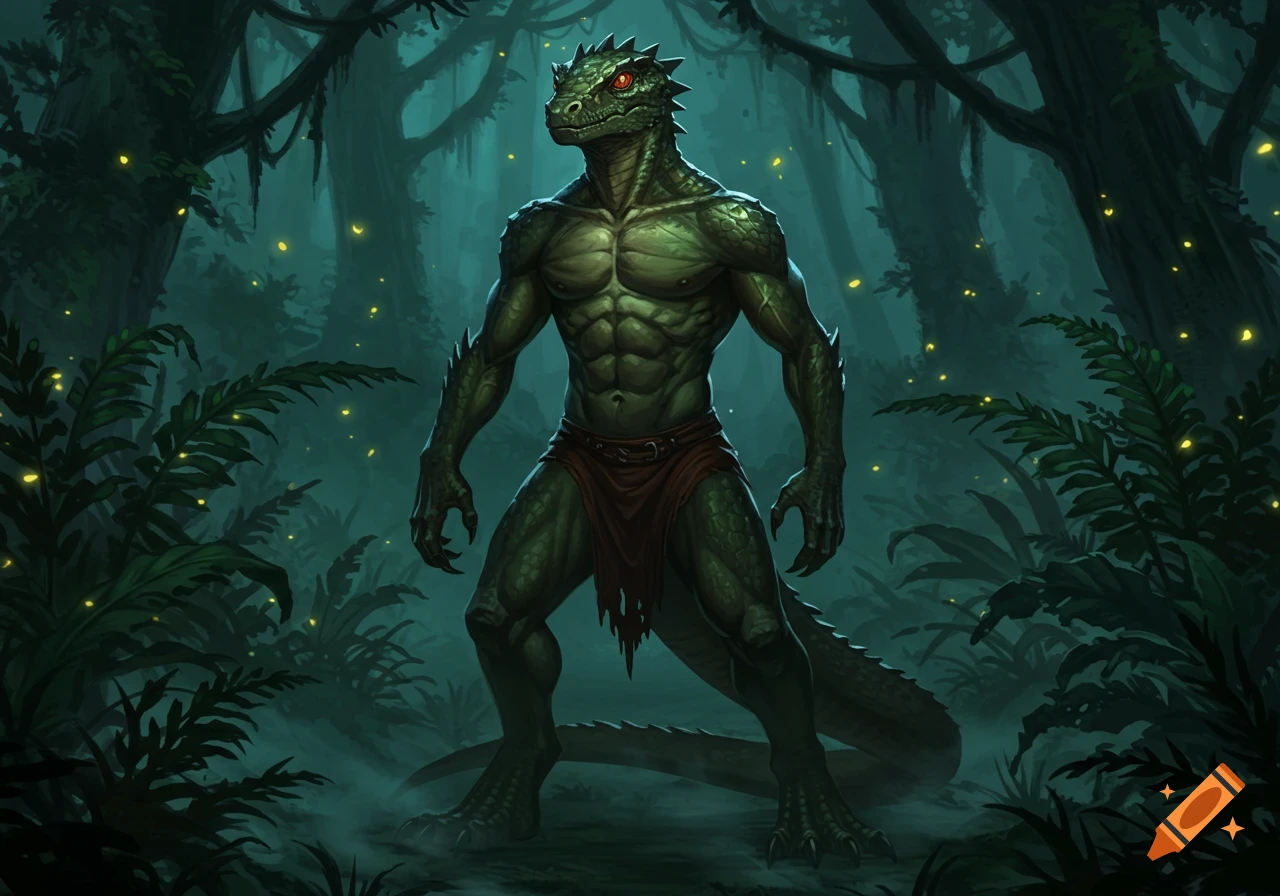 Muscular green lizard man with red eyes and a loincloth stands in a dark, misty jungle with glowing yellow lights, digital art.