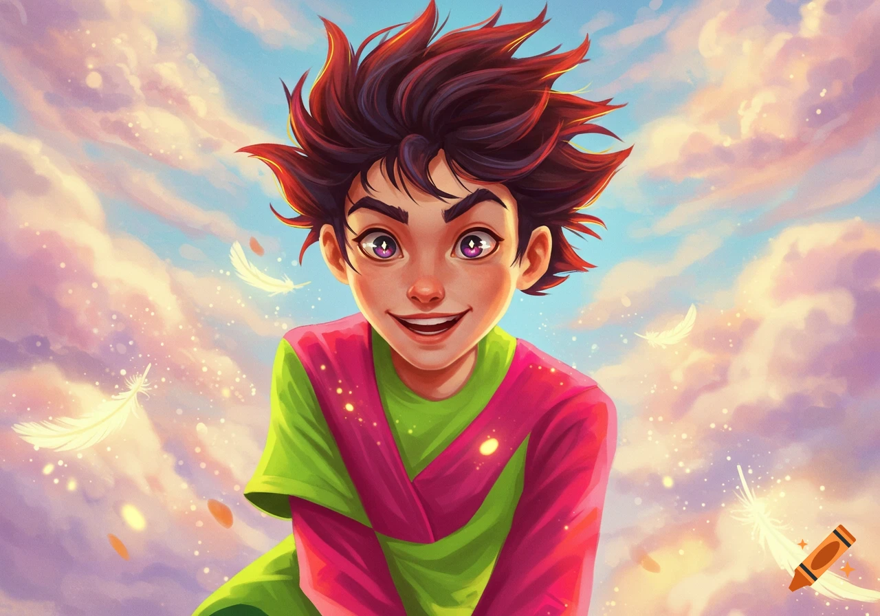 A vibrant digital illustration of a smiling, mischievous character with spiky dark red hair and purple eyes, against a cloudy sky with floating white feathers.
