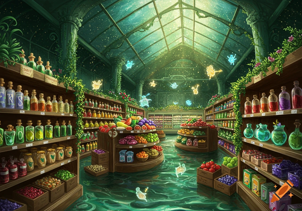 Magical supermarket illustration with shelves of colorful potions and produce, glowing fairy creatures, and a starry glass ceiling.