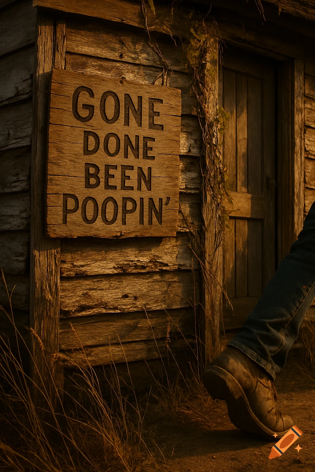 Photorealistic image of a rustic wooden sign on an old outhouse that reads 'GONE DONE BEEN POOPIN'', with a booted foot exiting.