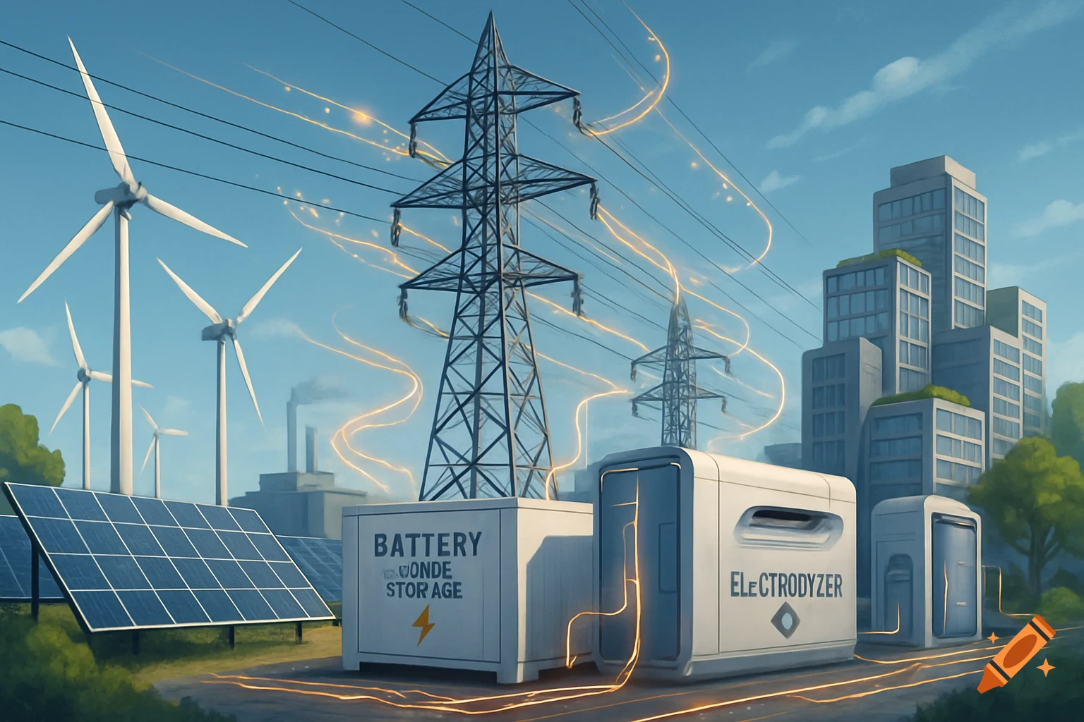 Stylized smart grid scene with wind turbines, solar panels, power lines, and energy storage containers in an urban landscape.