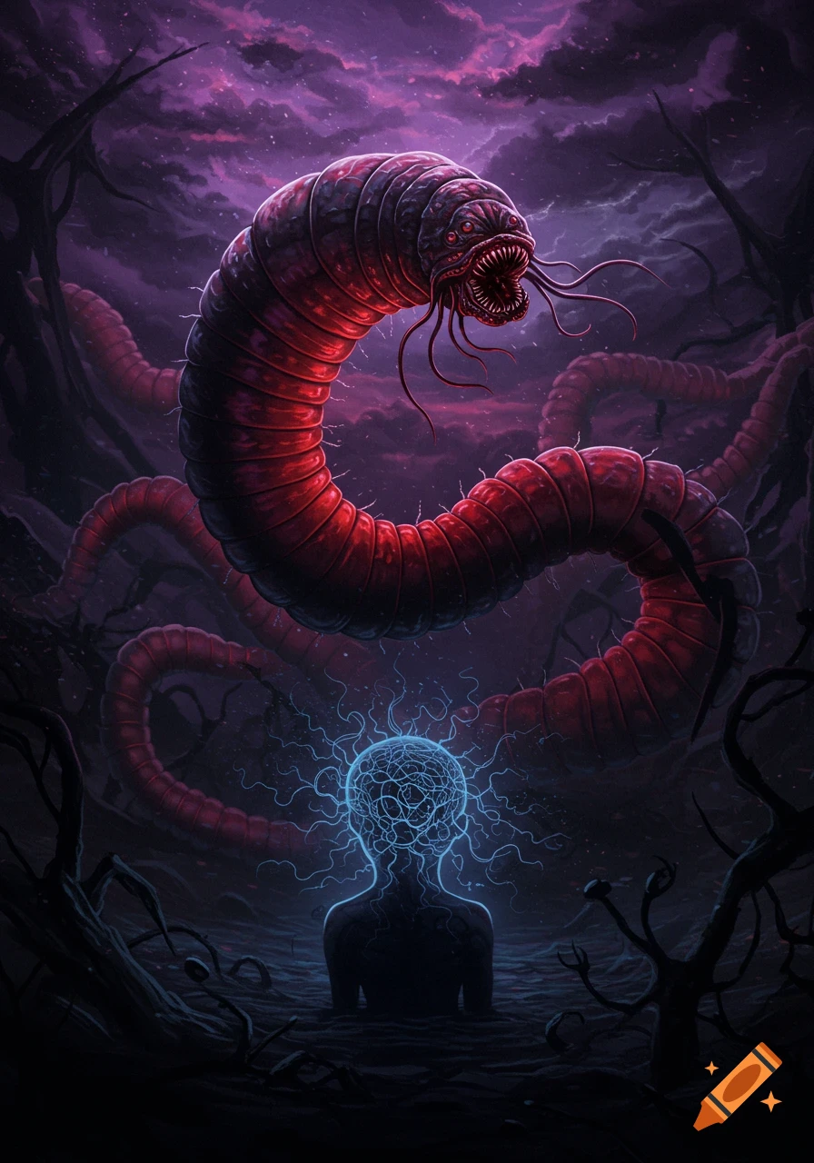 A giant red worm monster with teeth and tentacles looms over a glowing human figure in a dark, stylized fantasy landscape.