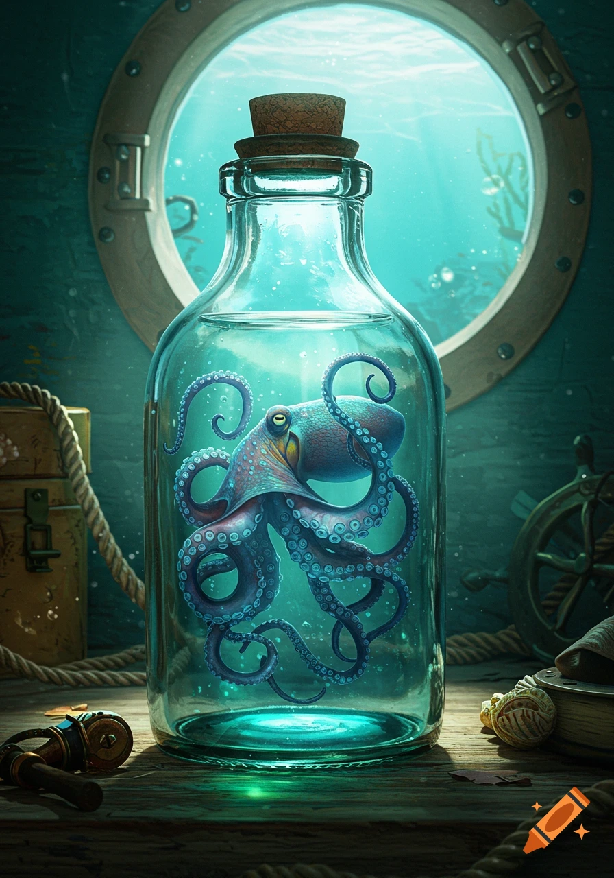 A detailed blue octopus is sealed in a glass bottle with a cork, on a wooden surface, with an underwater porthole in the background.