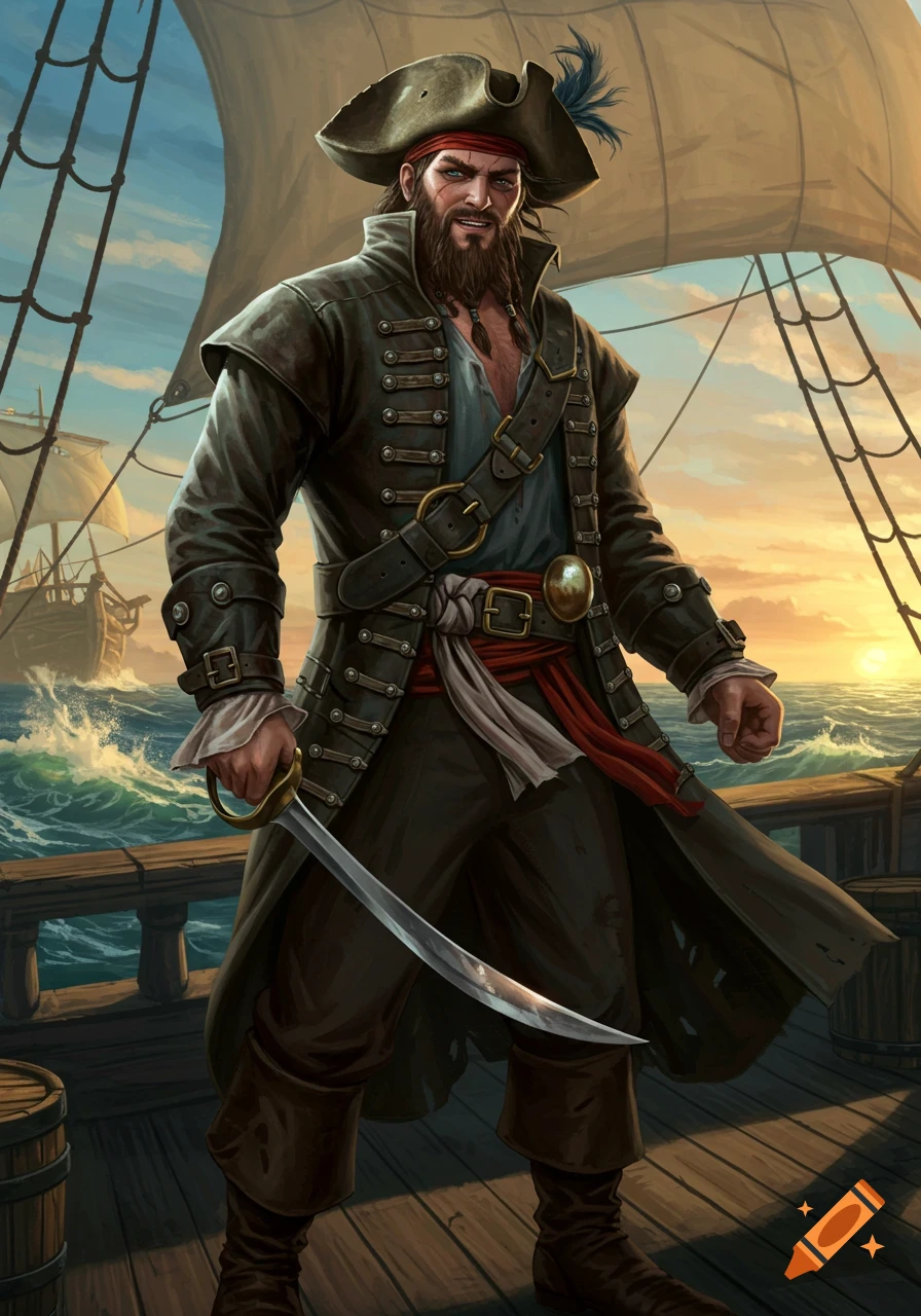 An illustration of a bearded pirate in a hat and long coat, holding a saber on a ship deck at sunset.