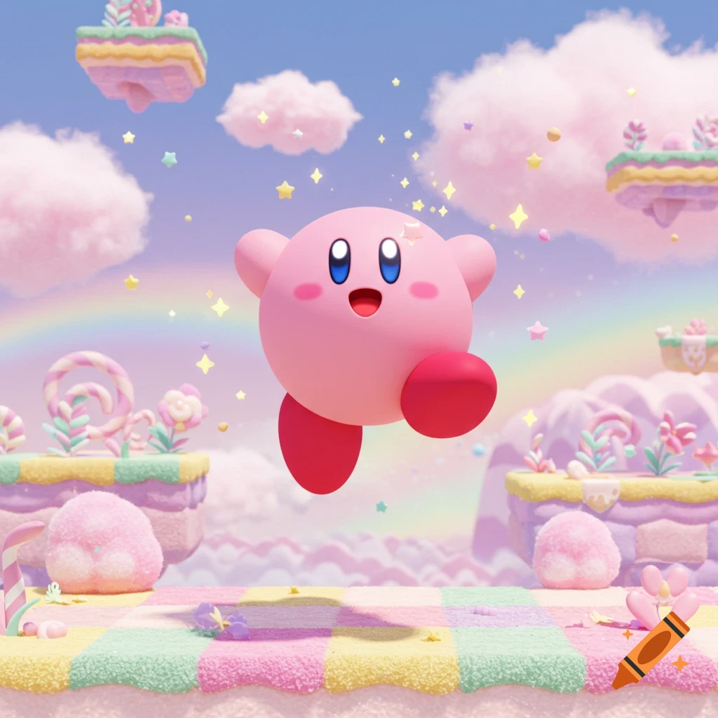 Kirby floats in a pastel candy-themed world with fluffy clouds, rainbows, and sweet treats.