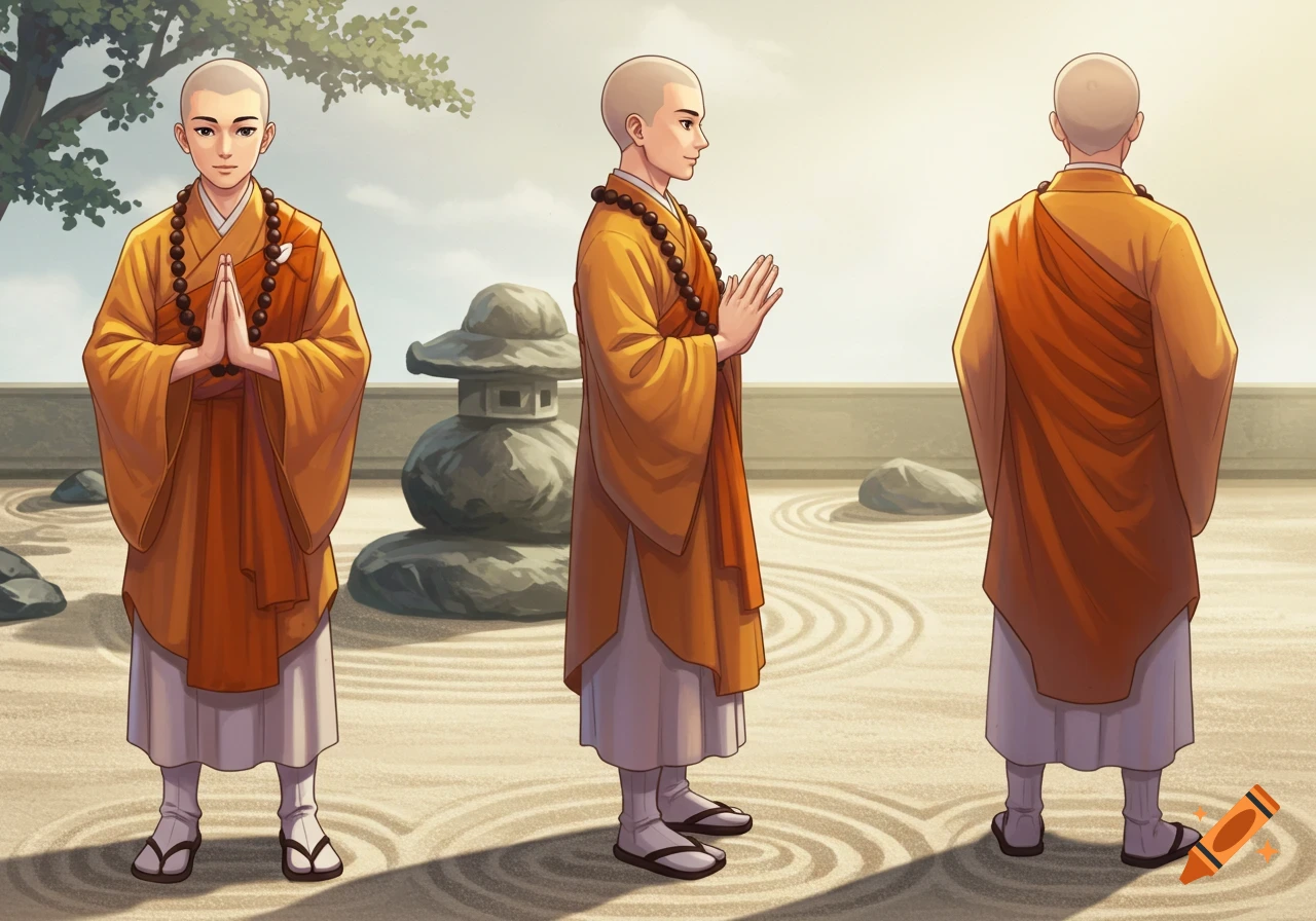 Anime-style monk in orange robes shown in front, side, and back views in a zen garden.