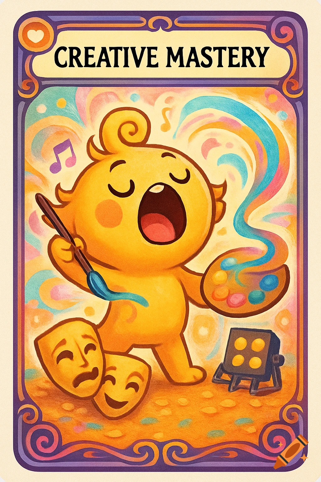A colorful card titled 'CREATIVE MASTERY' featuring a yellow cartoon character singing, holding a paintbrush and palette, with theater masks and a stage light.