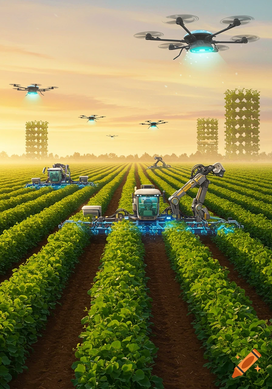 Futuristic autonomous farming machines and drones work in long rows of green crops under a golden sky.