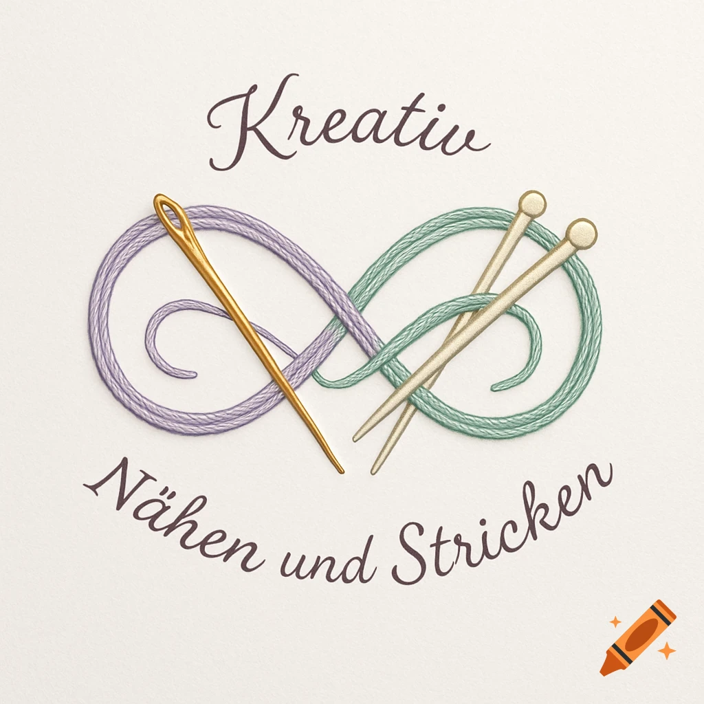 Logo with intertwined purple and green threads, a golden sewing needle, and knitting needles. Text 'Kreativ Nähen und Stricken'.