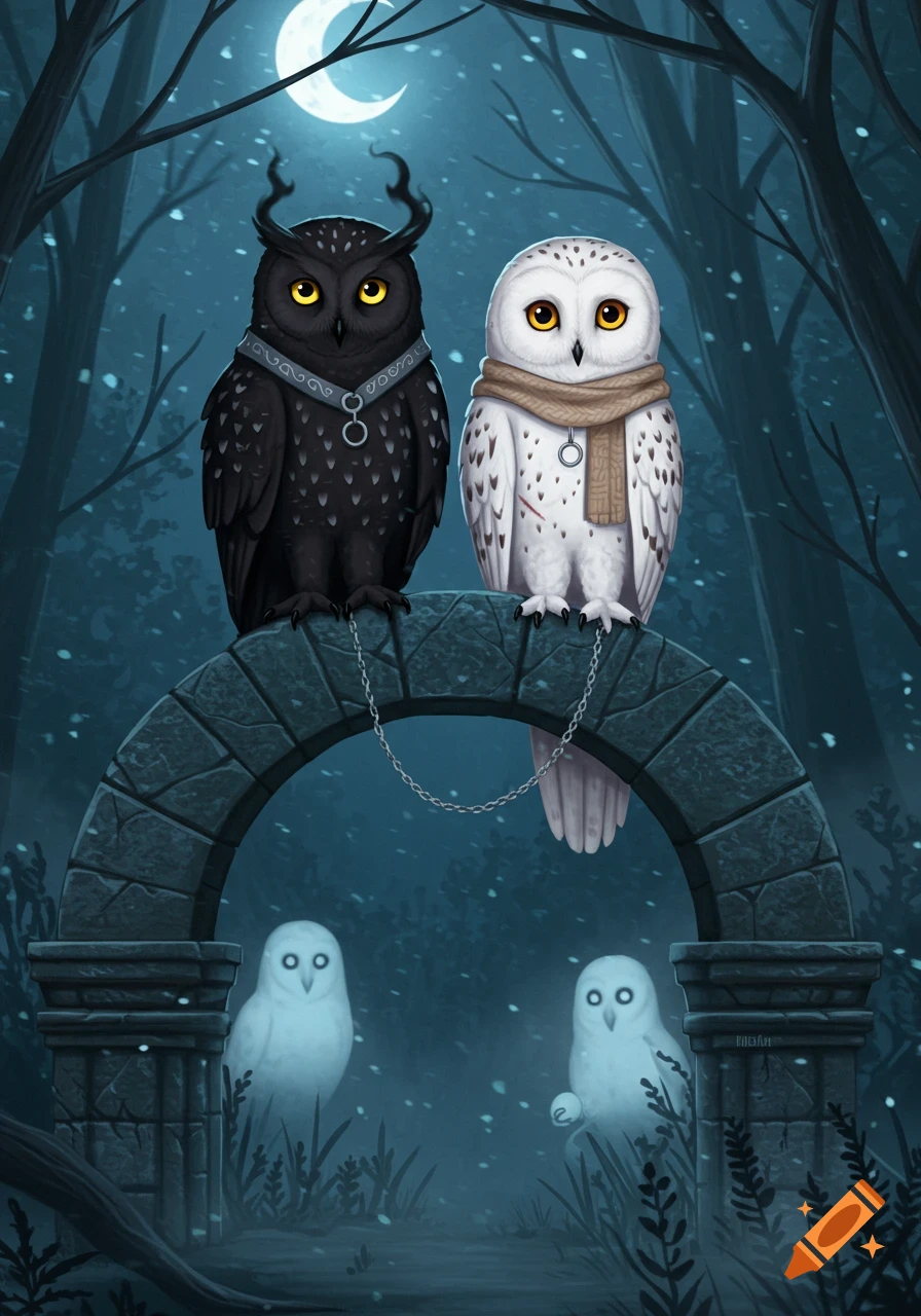A black horned owl and a white snowy owl with a scarf sit on a stone archway, connected by chains, in a mystical, snowy forest at night under a crescent moon. Two ghostly white owls hover below the arch.