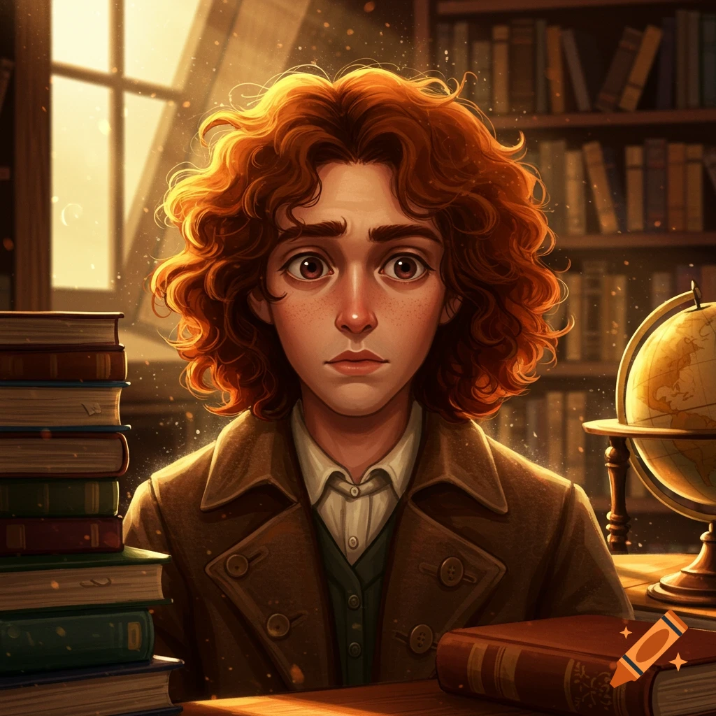 A stylized portrait of a person with curly red hair and a unibrow in a sunlit library surrounded by books and a globe.