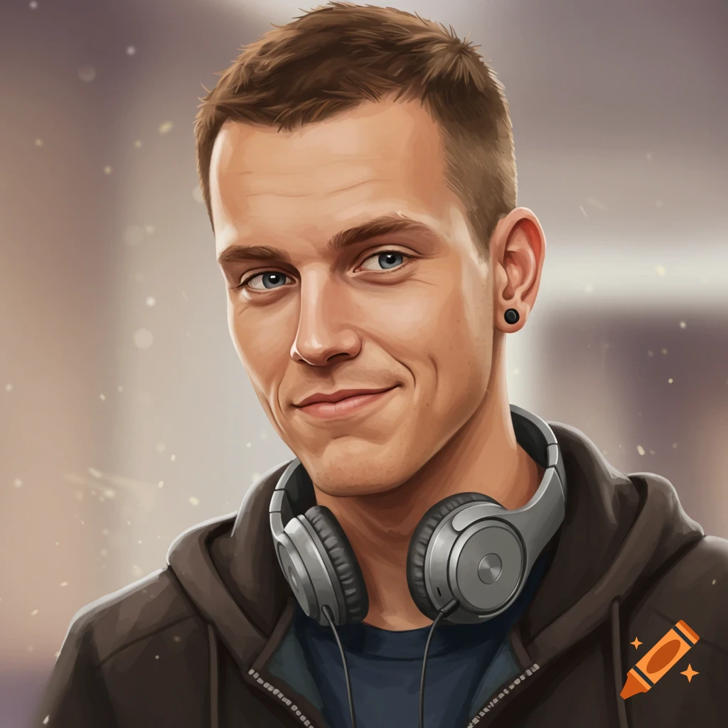 Illustrative portrait of a young man with short brown hair, blue eyes, a smug smile, and grey headphones around his neck, wearing a dark hoodie.
