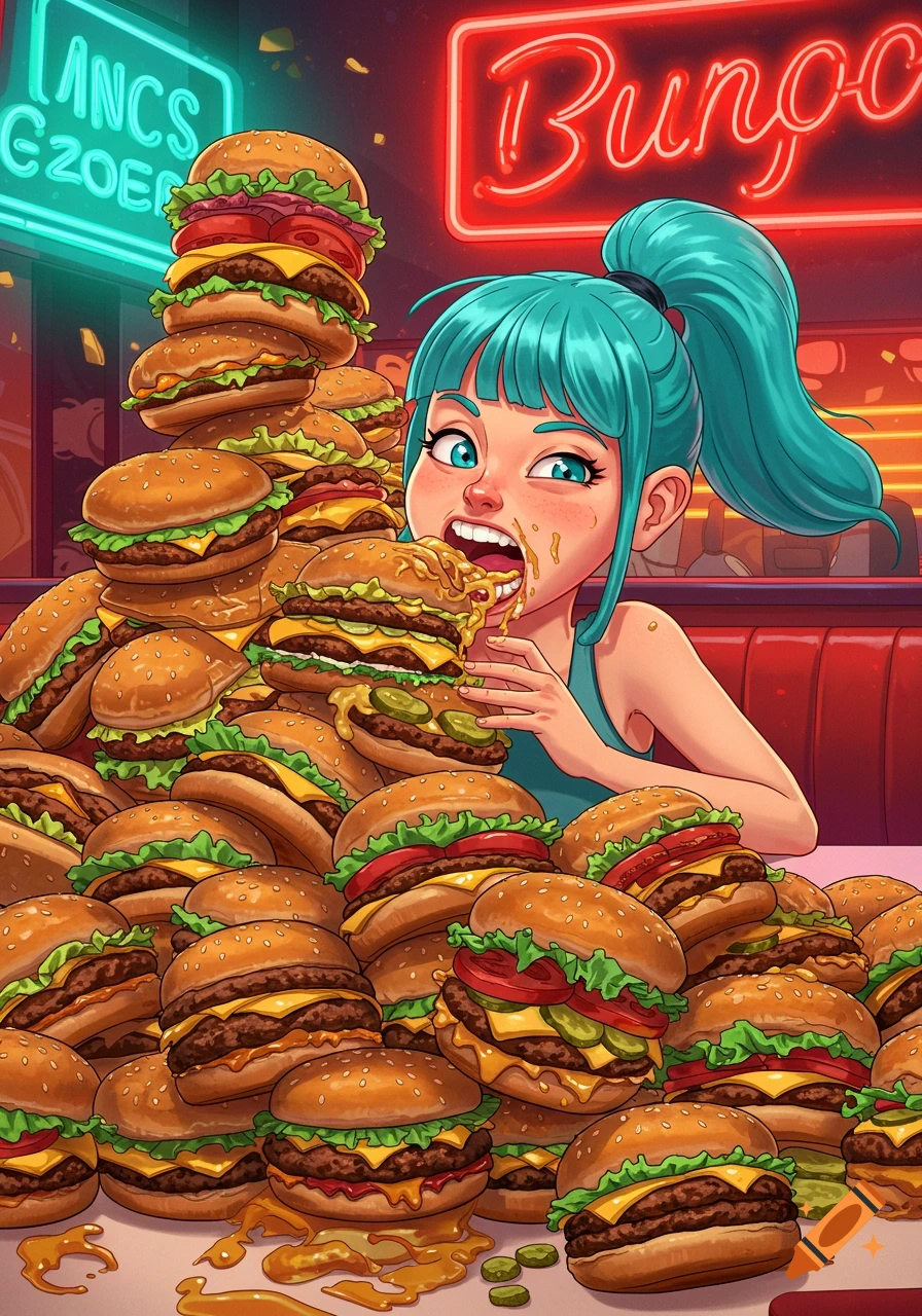 A cartoon blue-haired girl enthusiastically eats a hamburger amidst a towering pile of burgers in a retro diner.