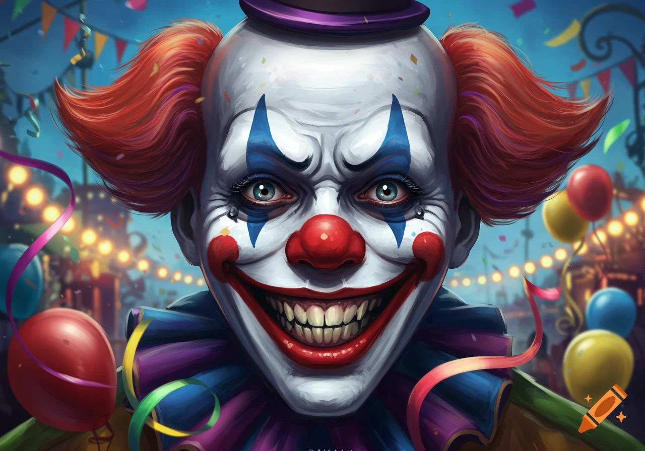 Close-up of a creepy clown with a wide grin, staring, against a blurry carnival background. Digital art.