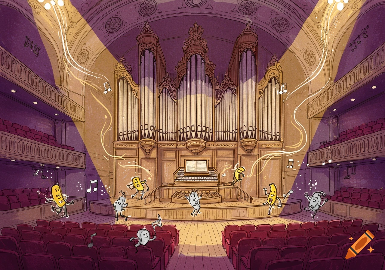 Cartoon musical notes dance on a stage in a grand concert hall with a large pipe organ, under spotlight.