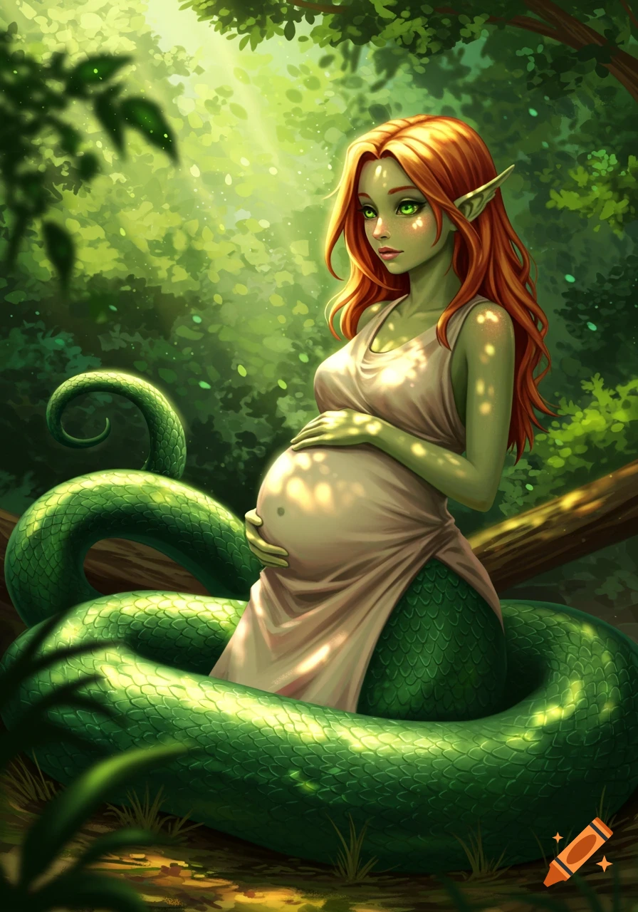 Pregnant lamia with red-gold hair, green skin, elf ears, and a serpentine lower body, wearing a dress in a lush forest.