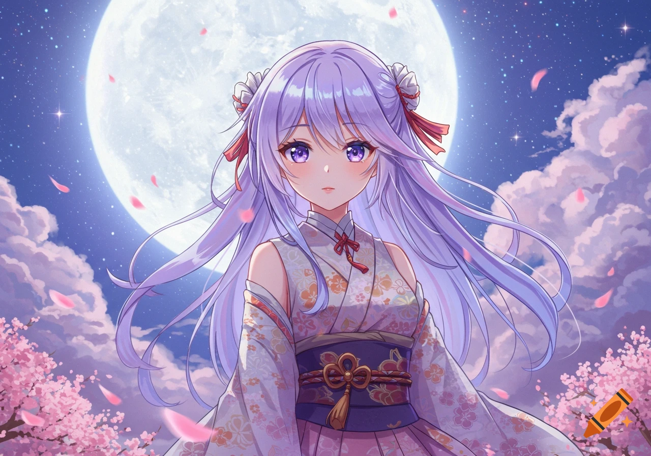 Anime girl with long purple hair in a traditional Japanese outfit under a full moon, surrounded by cherry blossoms and clouds.