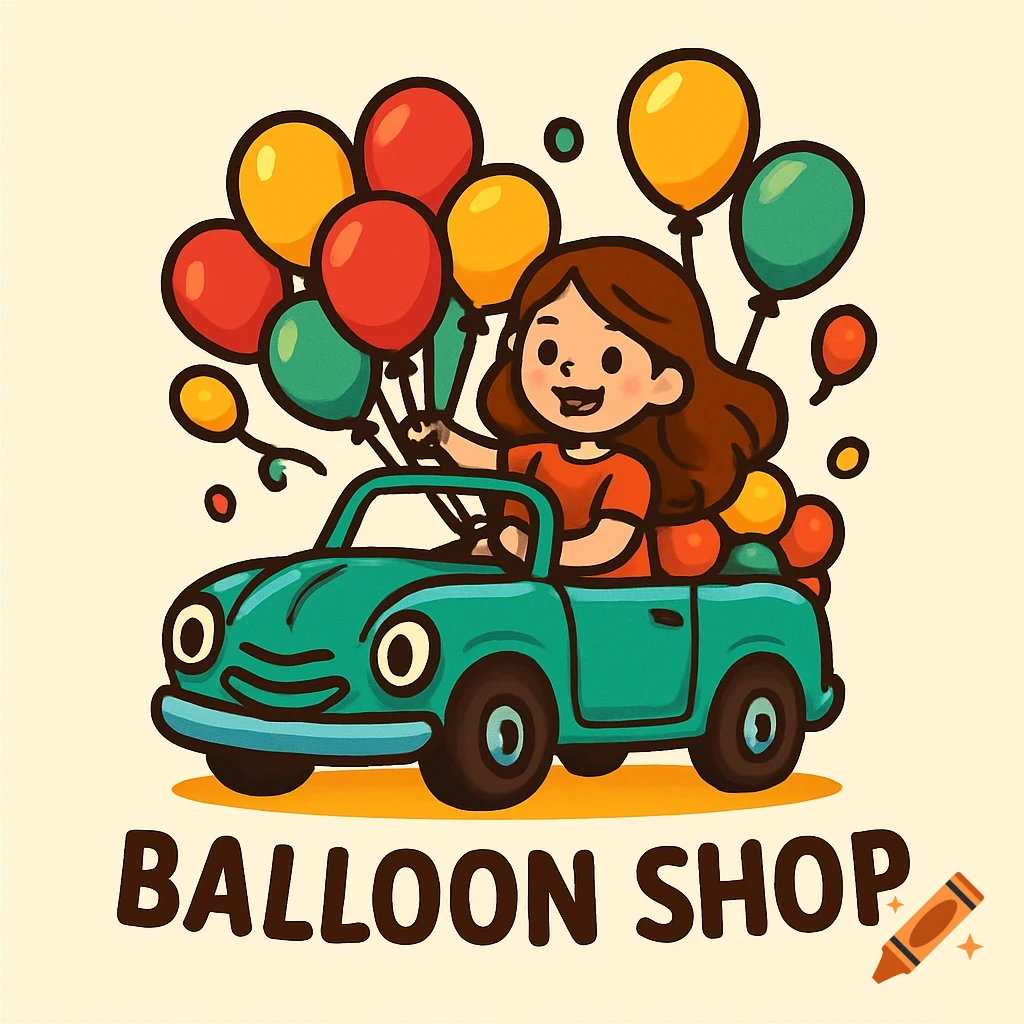 A cartoon logo of a happy girl driving a turquoise convertible filled with colorful balloons, with "BALLOON SHOP" text below.