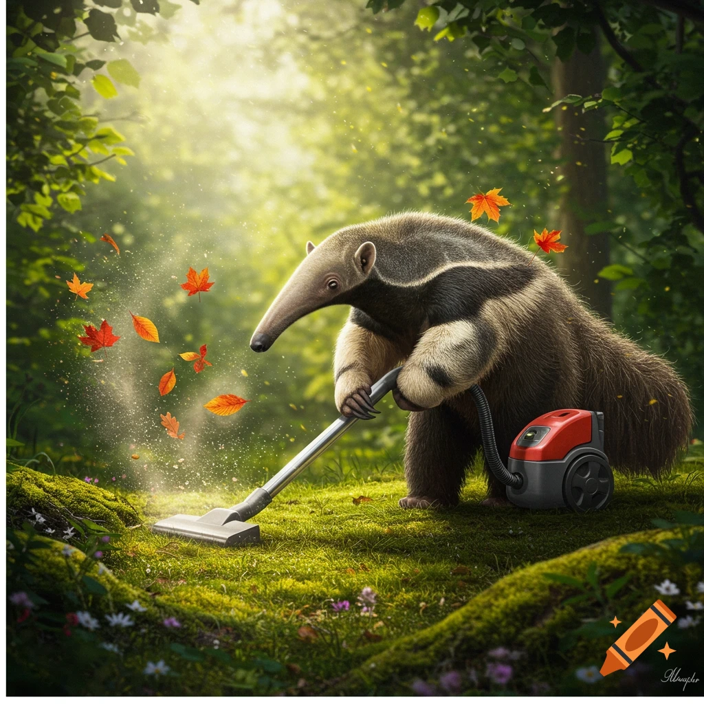 A photorealistic anteater vacuums falling autumn leaves in a sunlit forest.
