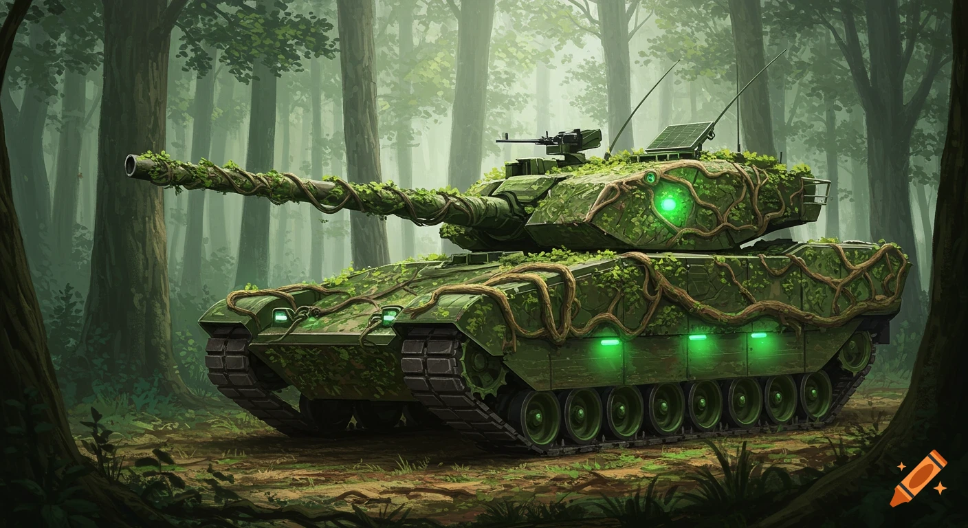 A military tank covered in green foliage and glowing green lights, sitting in a dense forest.