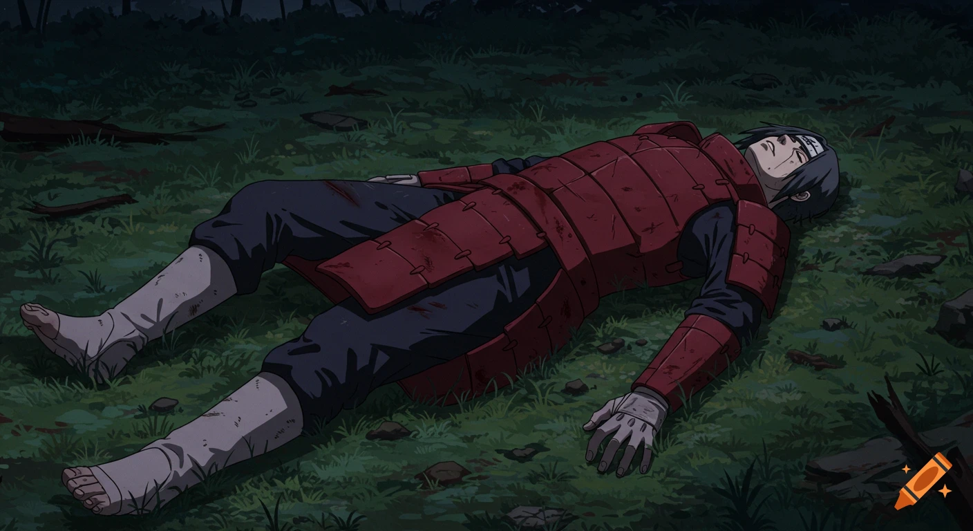 A male anime character in red armor lies exhausted on the ground in a dark forest at night, subtle bloodstains on his armor.